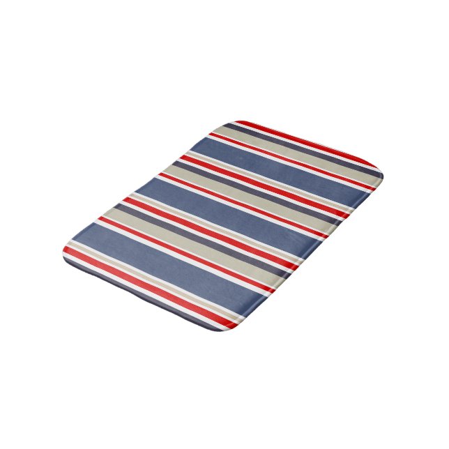 Preppy Maritime Stripe Red White Blue Gray Beige Bath Mat (Angled)