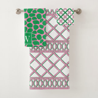 Preppy Maximilist Lattice Pink & Green Monogram Bath Towel Set