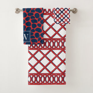 Preppy Maximilist Lattice Red & Navy Monogram Bath Towel Set