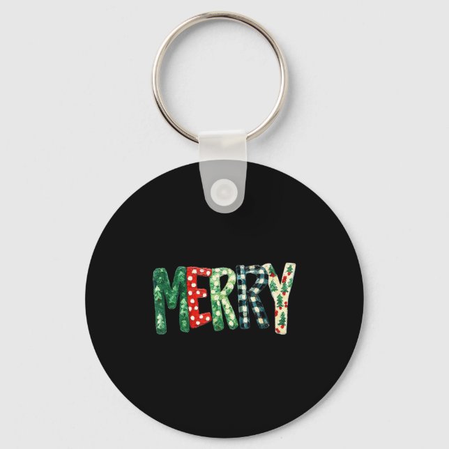 Preppy Merry,christmas Funny Froral Checkered Gift Keychain (Front)