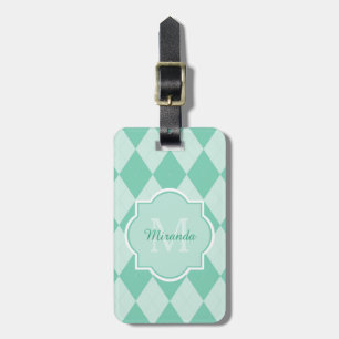 Preppy Mint Green Argyle Girly Monogram and Name Luggage Tag