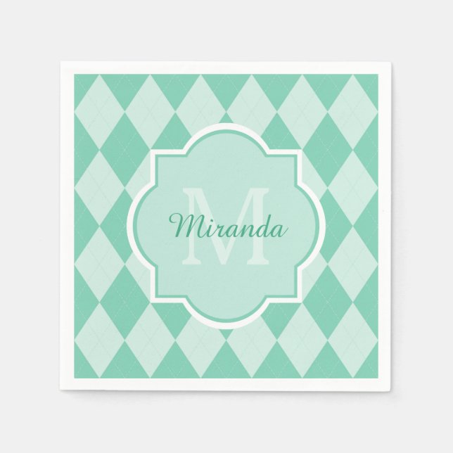 Preppy Mint Green Argyle Girly Monogram and Name Paper Napkins (Front)