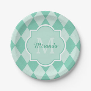 Preppy Mint Green Argyle Girly Monogram and Name Paper Plates
