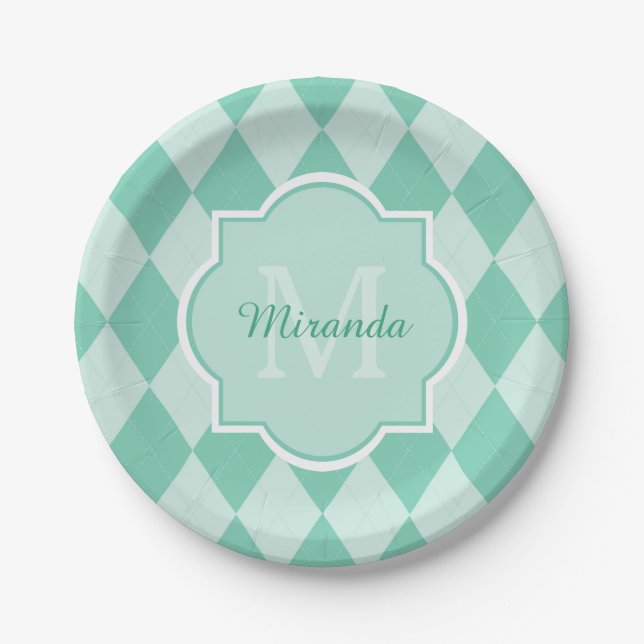Preppy Mint Green Argyle Girly Monogram and Name Paper Plates (Front)