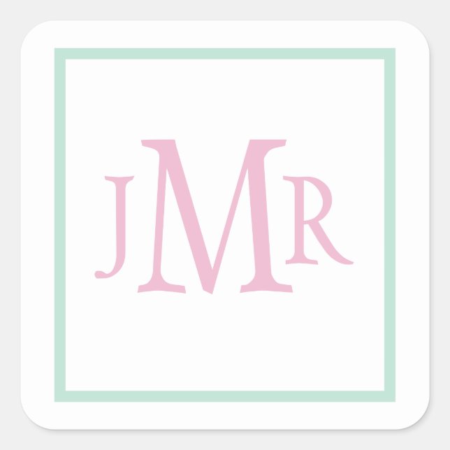 Preppy Mint green & Pink Monogram  Square Sticker (Front)
