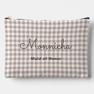 Preppy Mocha Brown Checkered Bridesmaid Travel Accessory Pouch