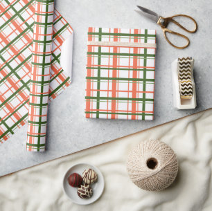 Preppy Modern Coral and Green Tartan Plaid Holiday Wrapping Paper