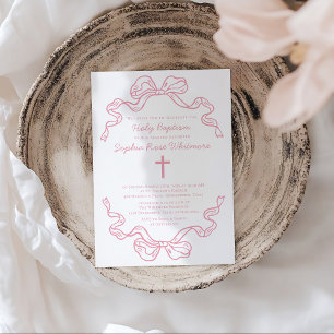 Preppy Modern Pink Gingham Bow Baptism Invitation
