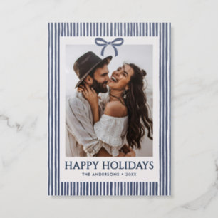 Preppy Modern Stripes & Bow Happy Holidays Letterpress Photo Cards