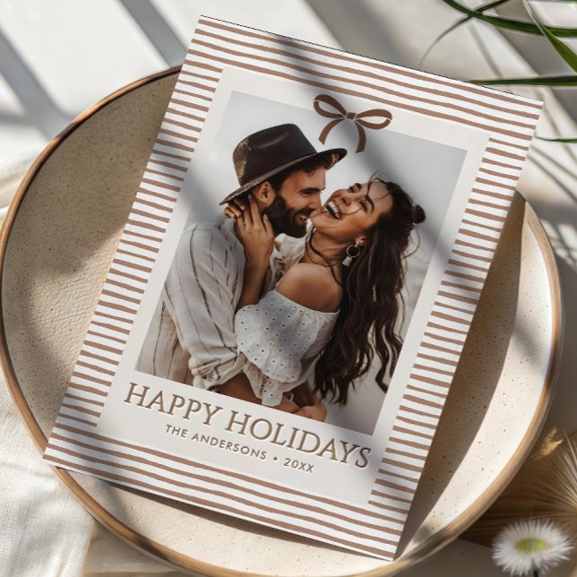 Preppy Modern Stripes & Bow Happy Holidays Letterpress Photo Cards (Creator Uploaded)
