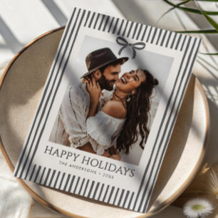 Preppy Modern Stripes & Bow Happy Holidays Letterpress Photo Cards