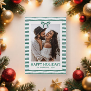 Preppy Modern Stripes & Bow Happy Holidays Letterpress Photo Cards