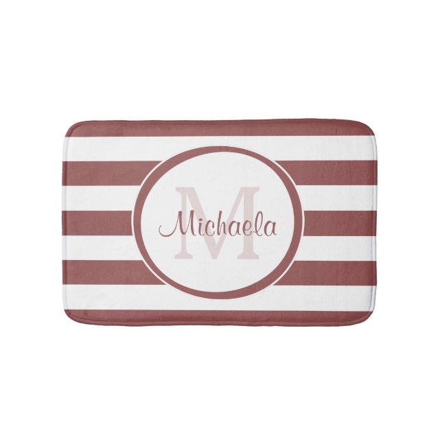 Preppy Monogram and Broad Rosy Brown Stripes Bathroom Mat (Front)