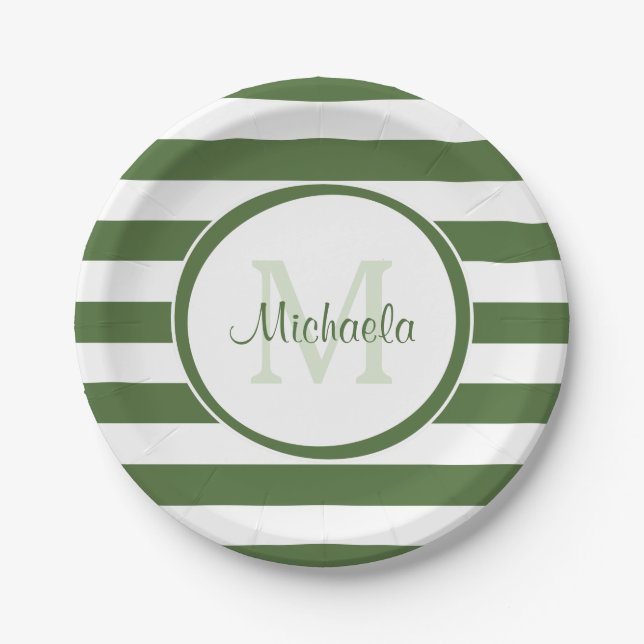 Preppy Monogram and Chunky Treetop Green Stripes Paper Plates (Front)