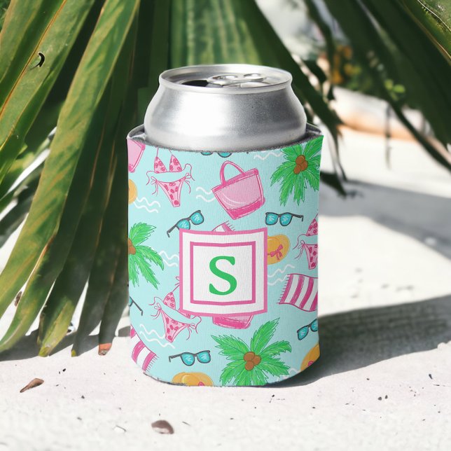 Preppy Monogram Beach Bikini Towel Palm Tree Towel Can Cooler (Creator Uploaded)