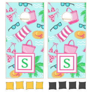 Preppy Monogram Beach Bikini Towel Palm Tree Towel Cornhole Set