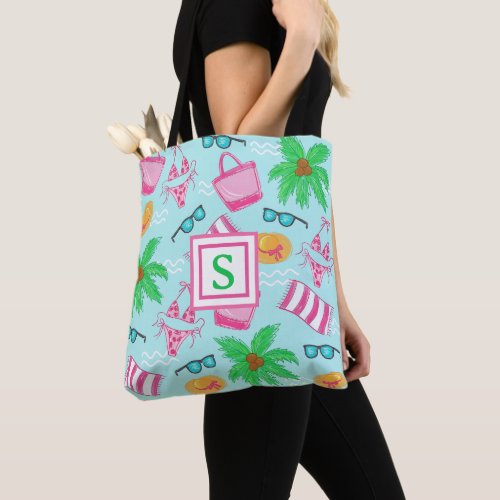 Preppy Monogram Beach Bikini Towel Palm Tree Towel Tote Bag