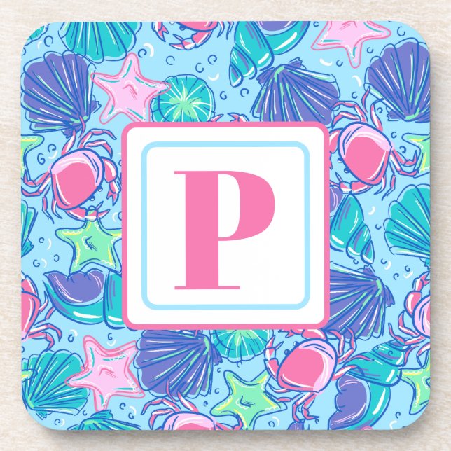 Preppy Monogram Beach Shell Crab Beverage Coaster (Front)