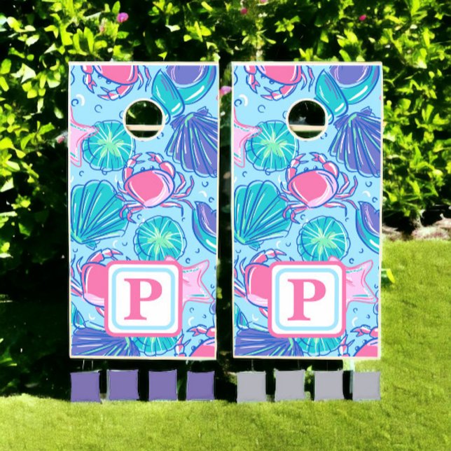 Preppy Monogram Beach Shell Crab Cornhole Set (Creator Uploaded)