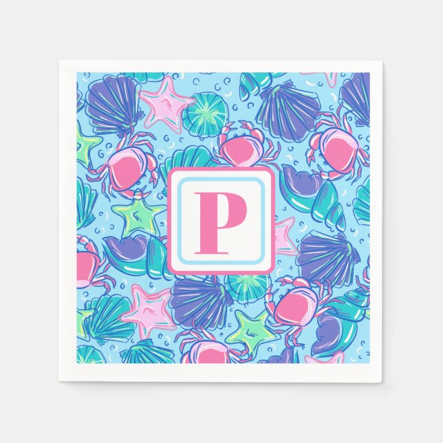 Preppy Monogram Beach Shell Crab Napkins (Front)