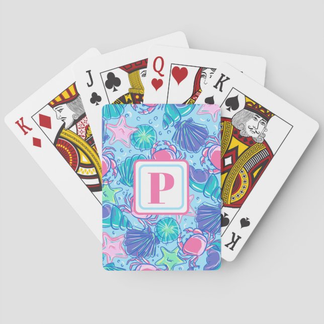 Preppy Monogram Beach Shell Crab Poker Cards (Back)