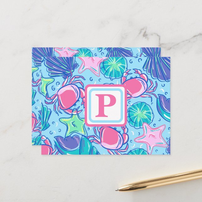 Preppy Monogram Beach Shell Crab Postcard (Front/Back In Situ)