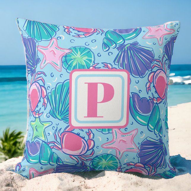 Preppy Monogram Beach Shell Crab Throw Pillow (Creator Uploaded)