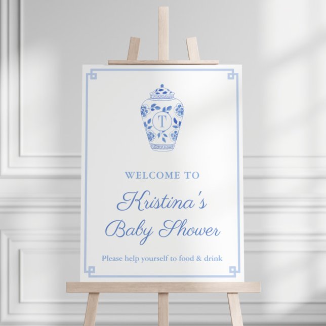 Preppy Monogram Blue And Baby Shower Welcome Foam Board (Preppy blue and white ginger jar with monogram baby shower party welcome sign with greek key border)
