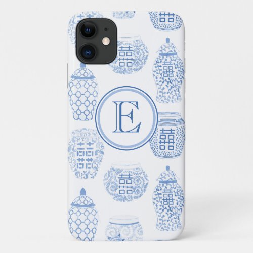 Preppy Monogram Blue And White Chinese Ginger Jar iPhone 11 Case - Chinese-style blue and white ginger jar pattern with classic blue single letter monogram.