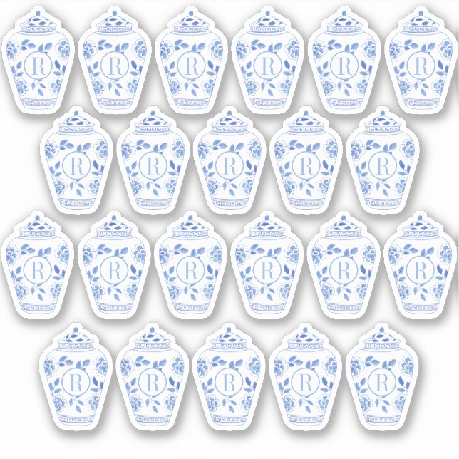 Preppy Monogram Blue And White Ginger Jar Sticker (Front)