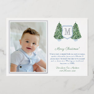 Preppy Monogram Blue Green Happy Holidays Silver Foil Holiday Card