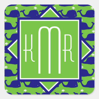 Preppy Monogram | Blue & Green Whales Square Sticker
