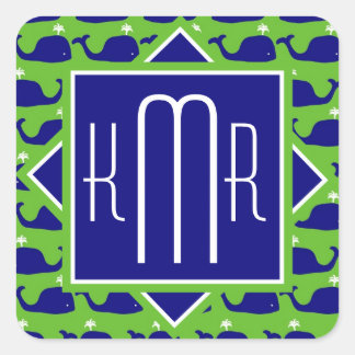 Preppy Monogram | Blue Green Whales Square Sticker