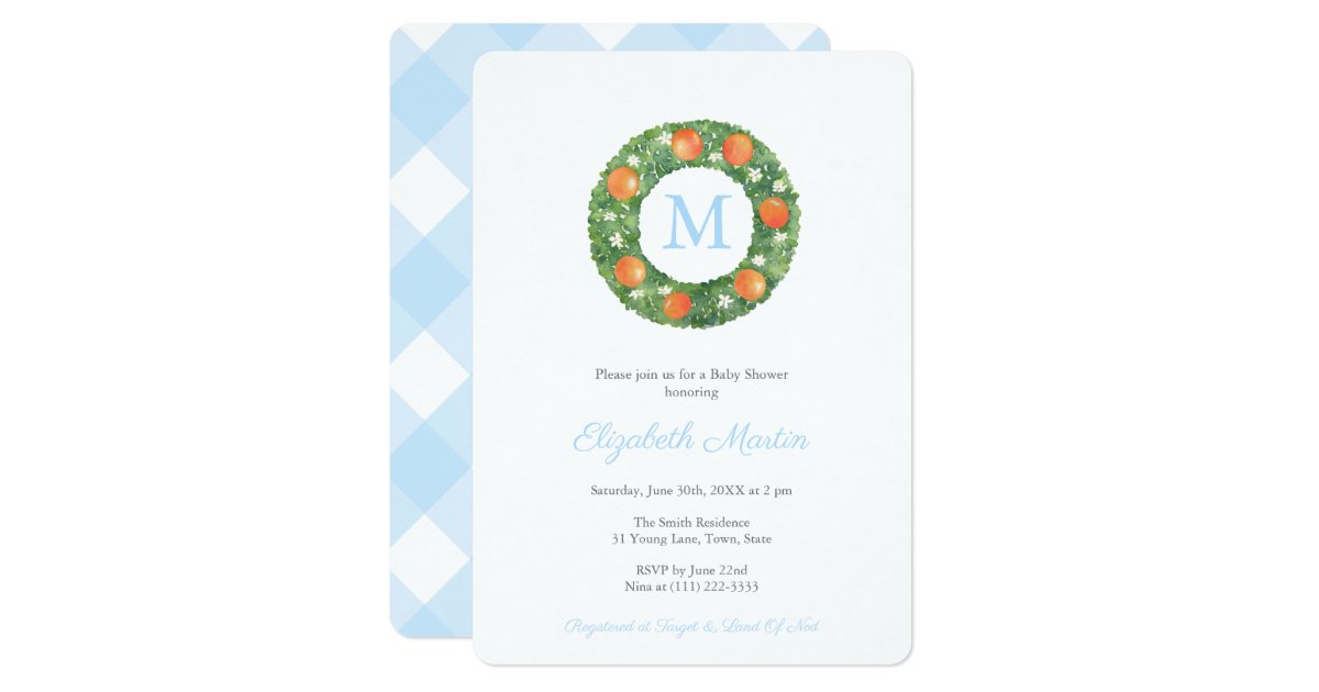 Preppy Monogram Boxwood Wreath Baby Shower Party Invitation