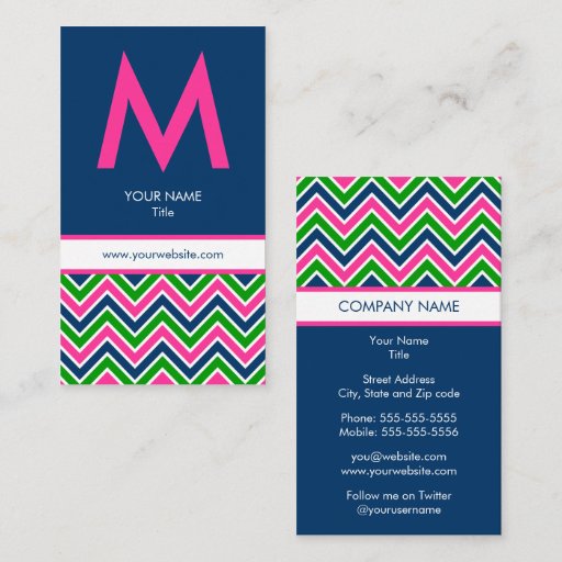 Customizable Preppy Monogram Chevron Business Card - Pink/Navy
