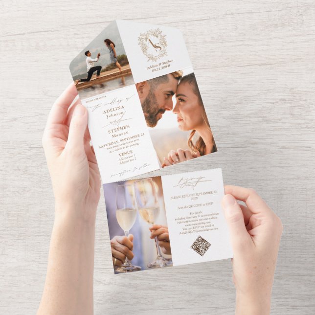 Preppy Monogram Crest 3 Photo QR Code Chic Wedding All In One Invitation (Tearaway)
