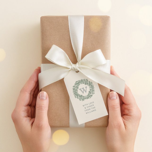 Preppy Monogram Gift Tag with Sage Green Wreath (Creator Uploaded)