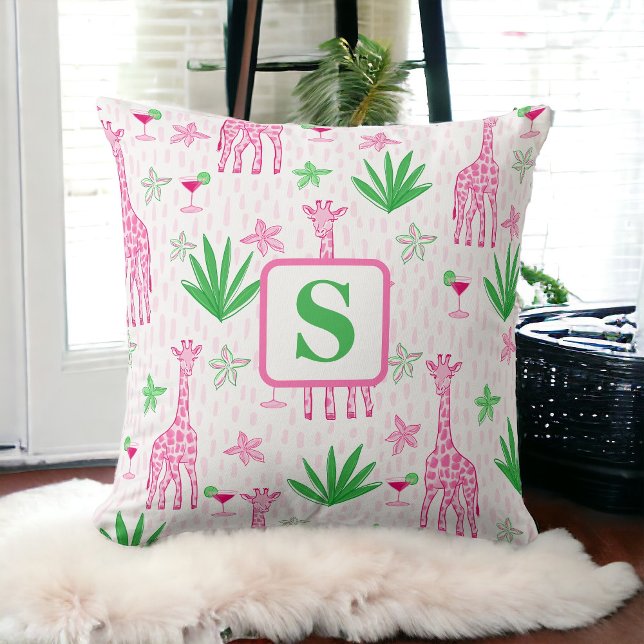 Preppy Monogram Giraffes and Cosmopolitans Jungle  Throw Pillow (Creator Uploaded)