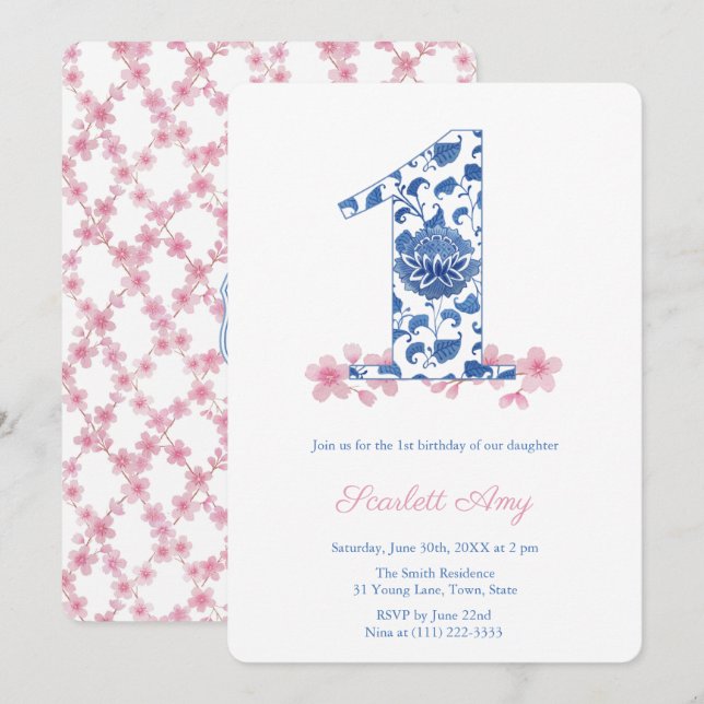 Preppy Monogram Girl 1st Birthday Party Invitation (Front/Back)