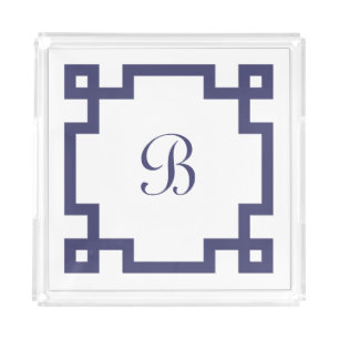 Preppy Monogram Initial Navy Blue Greek Key Border Acrylic Tray