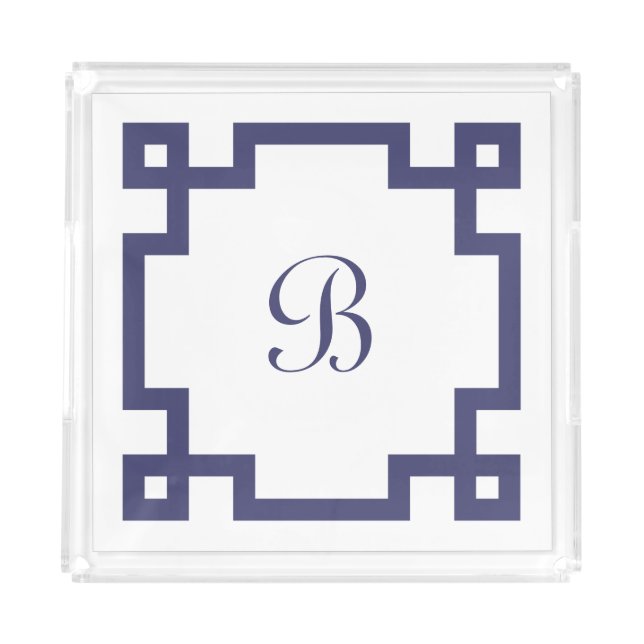Preppy Monogram Initial Navy Blue Greek Key Border Acrylic Tray (Front)