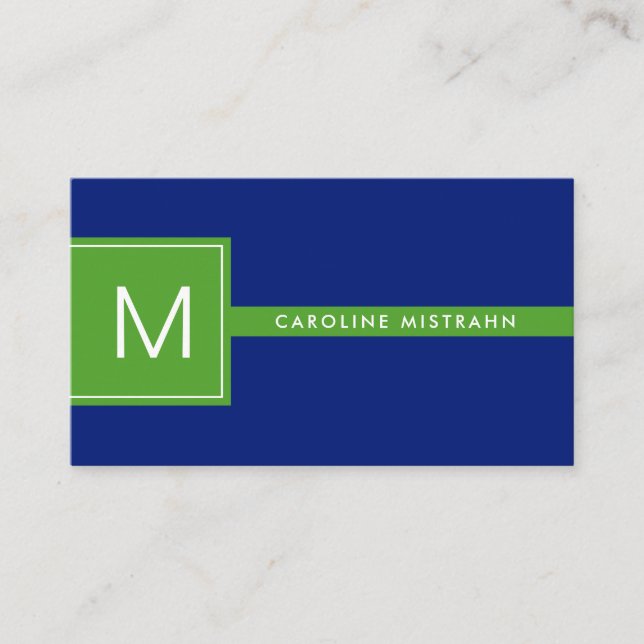 Preppy Monogram Navy Blue and Green Professional Business Card (Front)