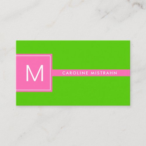 Preppy Monogram Pink and Lime Green Professional Business Card