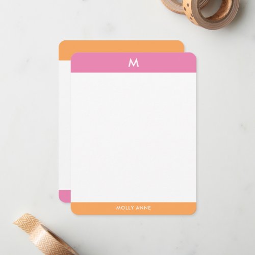 Preppy Monogram Pink and Orange Girly Note Card