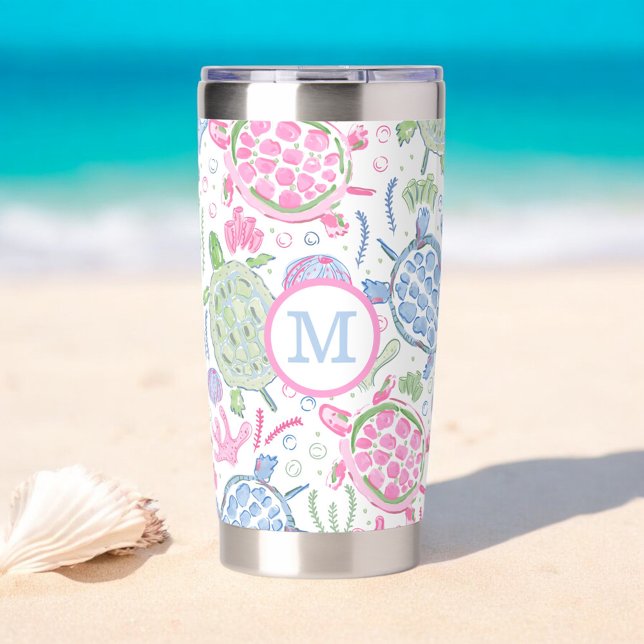Preppy Monogram Pink Blue Sea Turtles  Insulated Tumbler (Creator Uploaded)