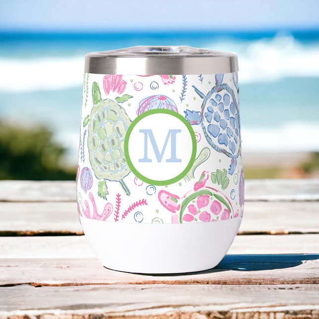 Preppy Monogram Pink Blue Sea Turtles  Thermal Wine Tumbler (Creator Uploaded)