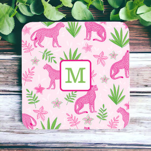 Preppy Monogram Pink Cheetah Pink Background  Beverage Coaster