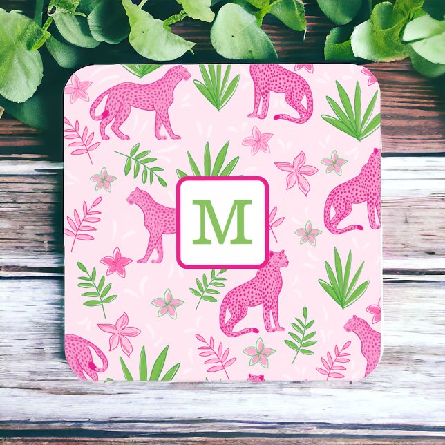 Preppy Monogram Pink Cheetah Pink Background  Beverage Coaster (Creator Uploaded)