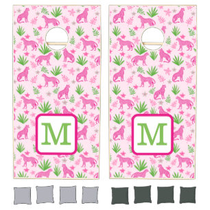 Preppy Monogram Pink Cheetah Pink Background  Cornhole Set