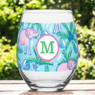 Preppy Monogram Pink Elephant Palm Tree Stemless Wine Glass